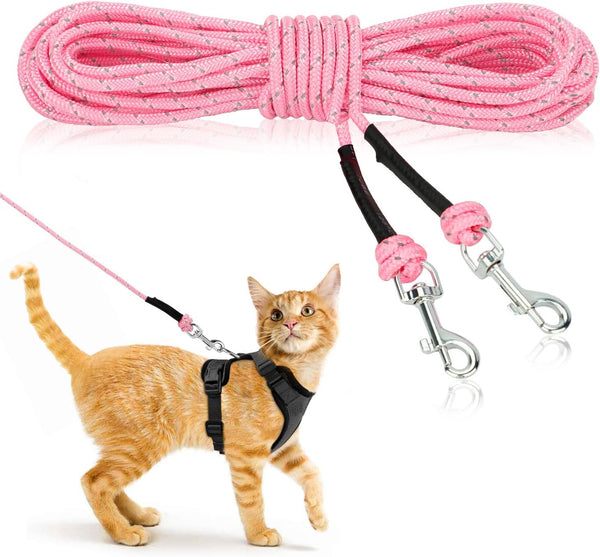 Reflective Cat Long Leash 15 FT Escape Proof Walking Leads Yard Long Leashes Durable Safe Personalized Extender Leash Traning Play Outdoor for Kitten, Puppy, Rabbit and Small Animals(Pink-S)