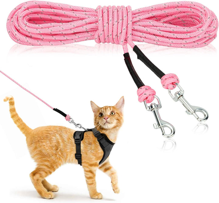 Reflective Cat Long Leash 15 FT Escape Proof Walking Leads Yard Long Leashes Durable Safe Personalized Extender Leash Traning Play Outdoor for Kitten, Puppy, Rabbit and Small Animals(Pink-S)