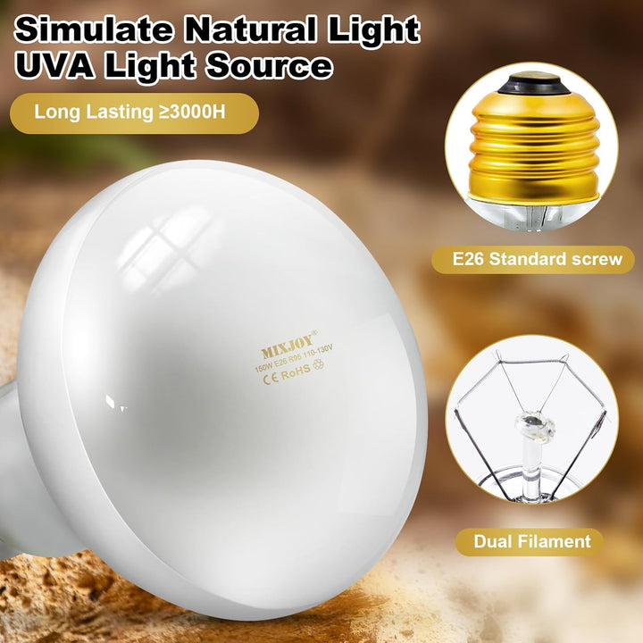 150W Reptile Heat Lamp Bulbs, 2Pack Heat Lamp Bulbs for Reptiles Basking Bulbs UVA Daylight Basking Light Amphibians Heating Lamp Emitter for Lizard, Tortoise, Bearded Dragon Gecko, Chicken