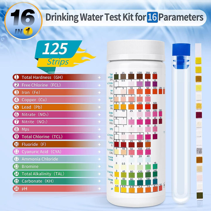 16 in 1 Premium Water Test Kit - 125 Home Water Quality Test Strips for Well and Tap Test Kit - Testing for Ph, Hardness, Chlorine, Lead, Iron, Copper, Nitrate, Nitrite, Etc