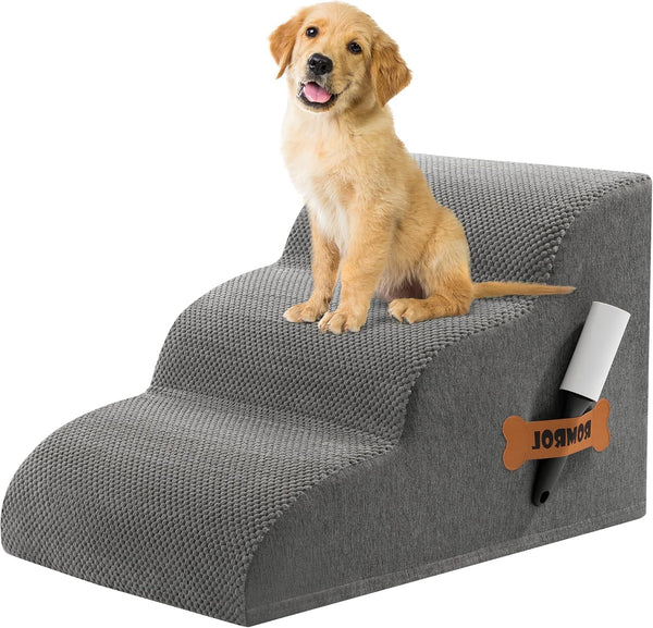 Dog Stairs Ramp for Beds Couches, 15.7” H 33D Extra Wide Pet Steps with Durable Non-Slip Waterproof Fabric Cover, Dog Slope Stairs for Small Dogs and Cats or Pets Friendly, 3-Tiers, Grey