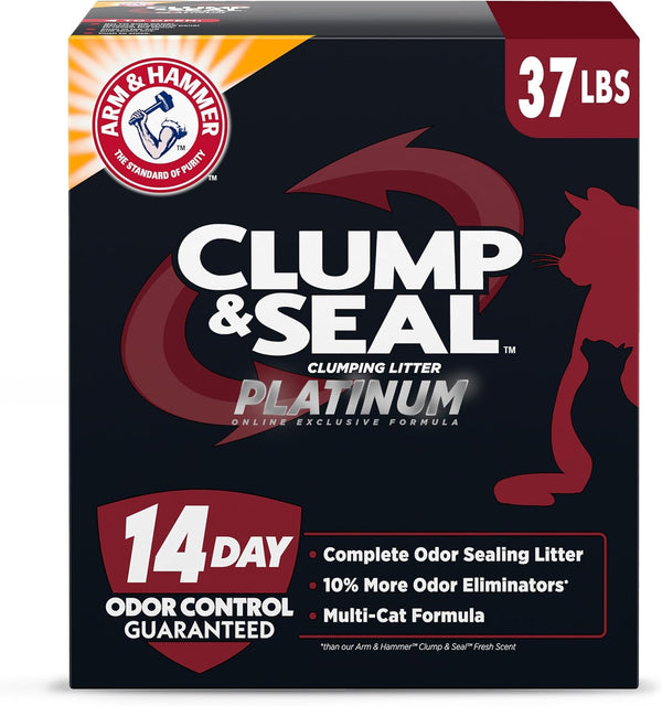 Clump & Seal Platinum Cat Litter, Multi-Cat, 14-Day Odor Control, Rock-Hard Clumps, 37 Lbs – Powerful Odor Eliminator with Baking Soda