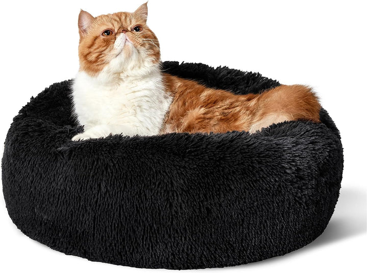 Calming Dog Bed Medium Size Dog - Donut Washable Medium Pet Bed, 30 Inches Anti-Slip round Fluffy Plush Faux Fur Cat Bed, Fits up to 45 Lbs Pets, Camel