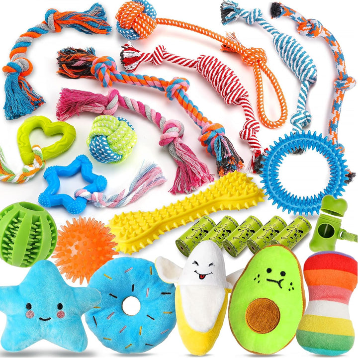 25 Pack Luxury Dog Chew Toys for Puppy, Dog Toys with Ropes, Treat Ball and Squeaky Puppy Toys for Teething Small Dogs