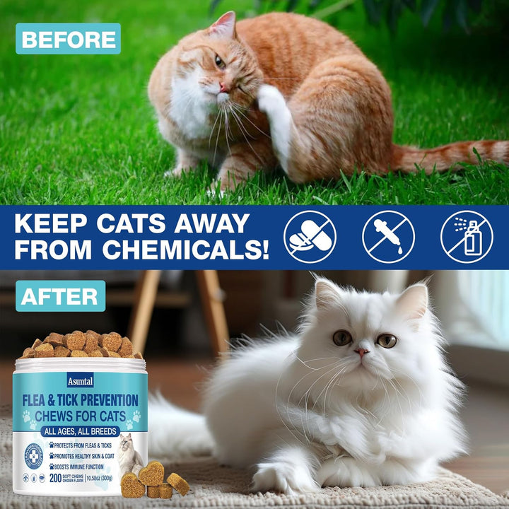 Flea and Tick Prevention for Cats Chewable, Natural Cat Flea Treatment, Oral Kitten Cat Flea & Tick Control, Flea Pills Supplement with Vitamins Support Immune, Skin & Coat, 200 Soft Chews (Chicken)