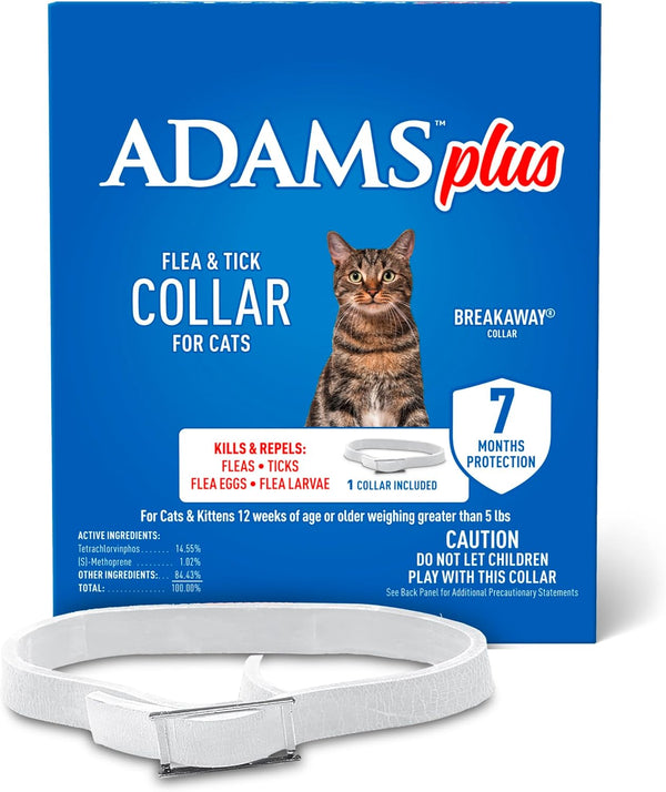 plus Flea & Tick Collar for Cats, Breakaway Collar, 1 White Collar, 7-Month Protection, Kills & Repels Fleas, Flea Eggs, Flea Larvae and Kills Ticks, Tick Nymphs, and Tick Larvae