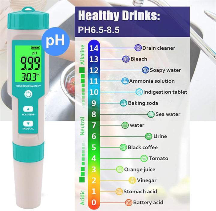 Aquarium Salt Tester -Pool Salt Tester, Versatile 5 In1 Salinity, PH, TDS, EC, and Temperature Meter, Digital Salinity Tester for Saltwater Aquarium, Accurate Salinity Meter,Green