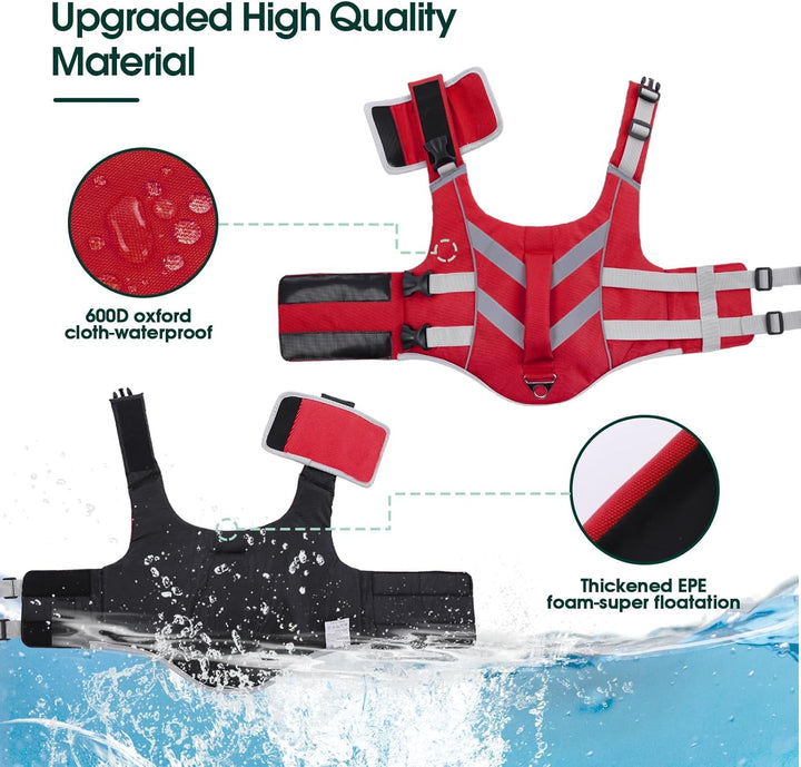 Dog Life Jacket with Reflective Stripes - Adjustable High Visibility Vest, Ripstop Lifesaver, Pet Preserver with High Flotation Swimsuit for Small, Medium and Large Dogs