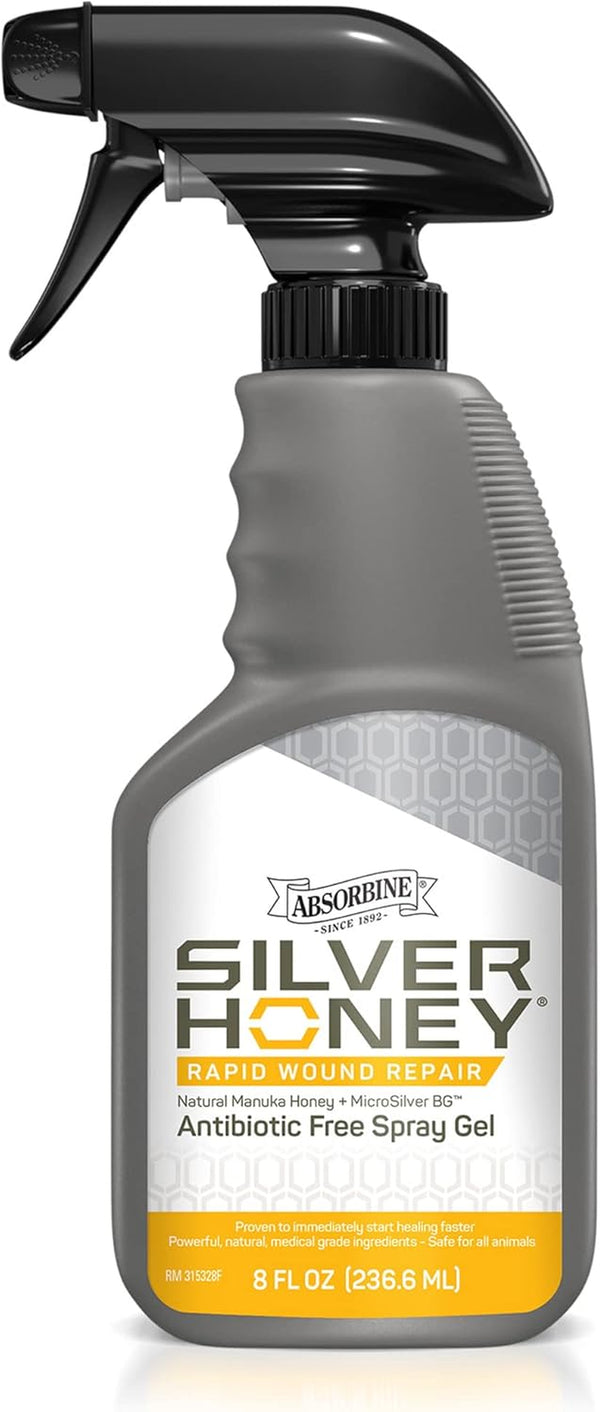 Silver Honey Rapid Wound Repair Spray Gel 8Oz Bottle, Manuka Honey & Microsilver BG, Horse & Large Animal Wound Care