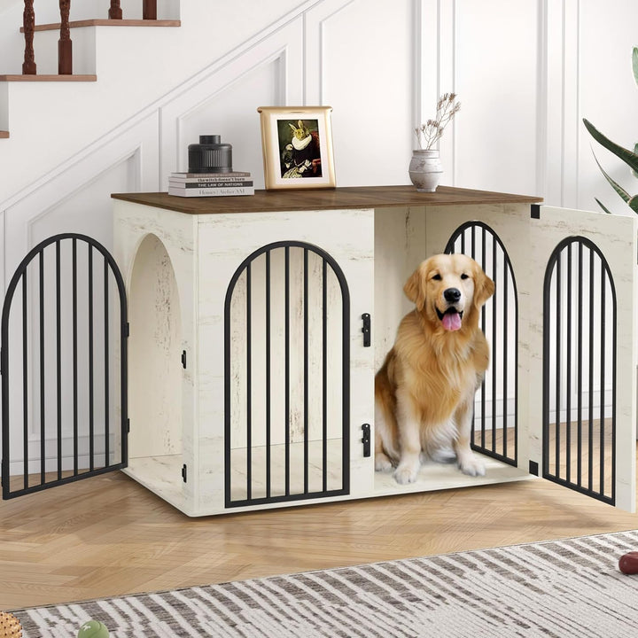 31.5'' Wooden Dog Crate Furniture, Indoor Dog Kennel Dogs Cage for Small/Medium Dogs, Heavy Duty Dog Crates Decorative Pet House End Side Table TV Stand, White Brown DFC85114B