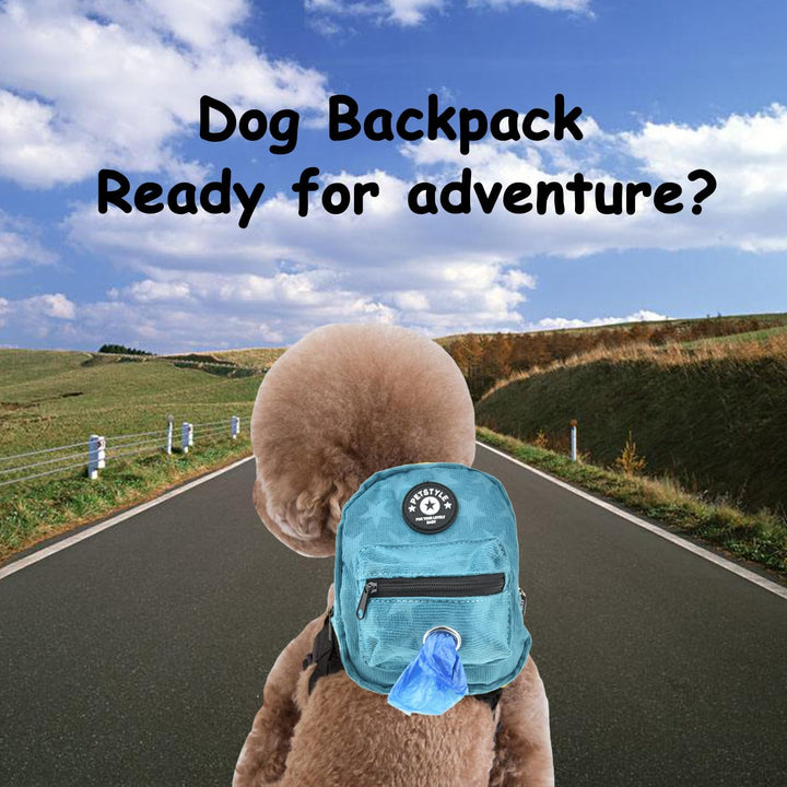 Dog Backpack Harness with Leash, Dog Poop Bag Dispenser, Pet Self Carrier Adjustable Travel Hiking Walking Harness Backpack for Small Medium Dogs (S(Fit:5-10Lb), Blue)