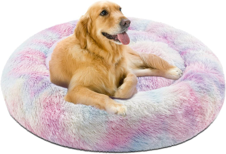 Donut Dog Bed Faux Fur Fluffy Calming Sofa for Medium Dogs, Soft & Plush anti Anxiety Pet Couch for Dogs, Machine Washable Coco Pet Bed with Non-Slip Bottom, 30"X30"X7" Ivory