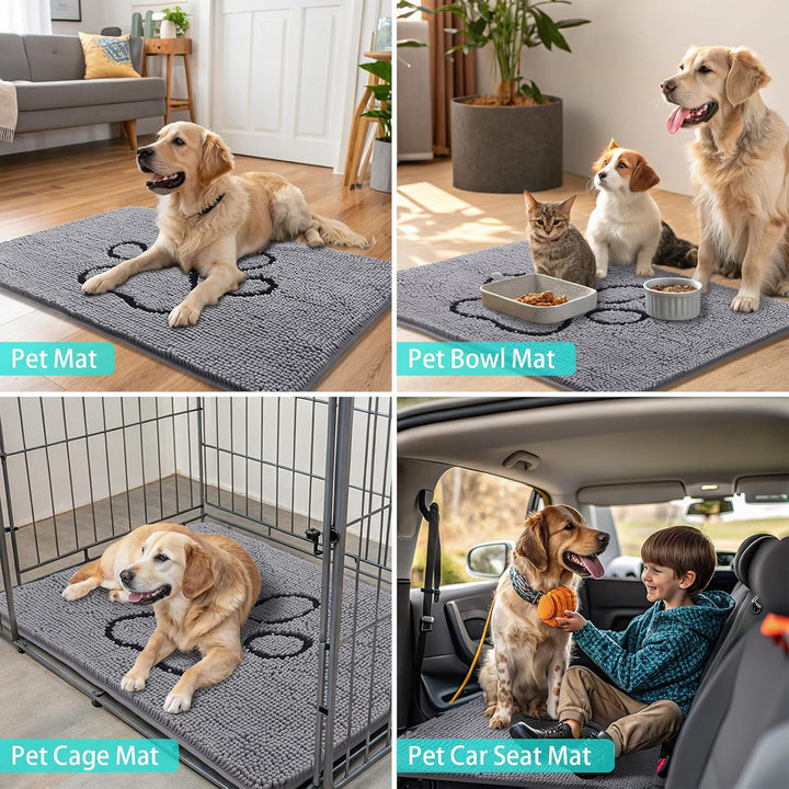 Dog Door Mat for Muddy Paws, Absorbent Dirt Trapper Non Slip Quick Dry Washable Chenille Mat for Mud Dogs, Entry Rug for Indoor and Outdoor (30X20 Inches, Grey)