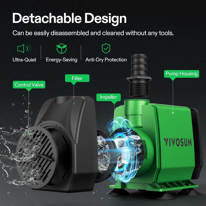 800GPH Submersible Pump(3000L/H, 24W), Ultra Quiet Water Fountain Pump with 10Ft. High Lift with 6.5Ft. Power Cord, 3 Nozzles for Fish Tank, Pond, Aquarium, Statuary, Hydroponics Green
