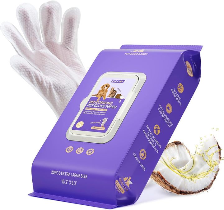 Cleaning Deodorizing Glove Wipes for Dogs & Cats, Vet Recommended Hypoallergenic Pet Cleaning and Hydrating Glove Wipes, Nourish Fur Coconut Oil Pet Bathing Wipes for Horse Coat Care