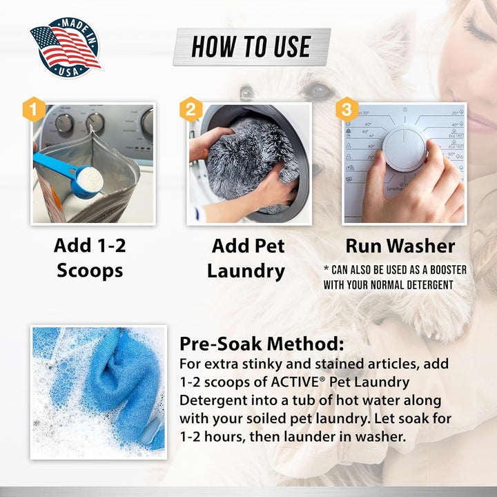 Pet Laundry Detergent Odor Remover -  Enzyme Based Powder Detergent for Dogs Beds, Cat Pee, HE Washer Friendly Natural Enzymatic Deodorizer, Urine, Smell, Dog Drool, Stain Eliminator - 64 Loads