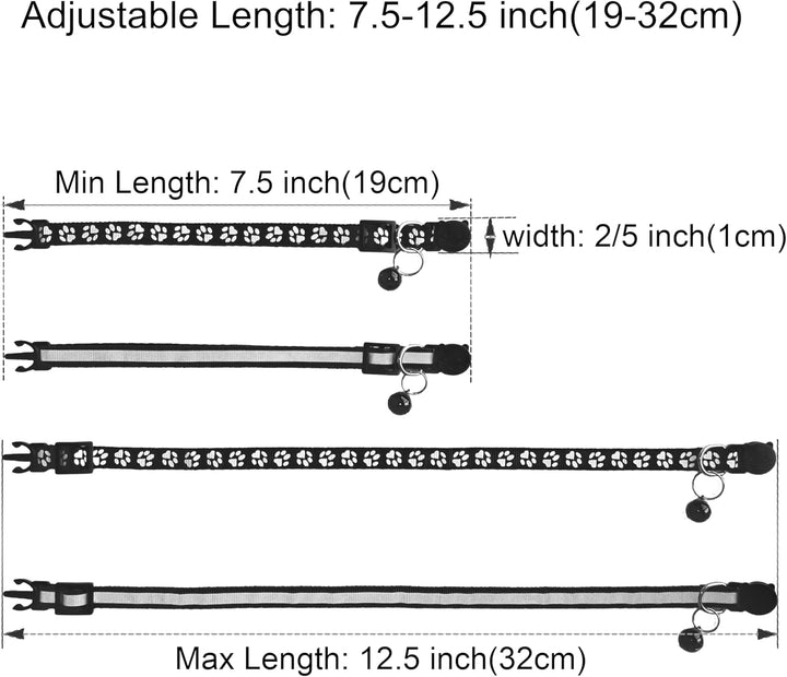 2 Pack Breakaway Cat Collars with Bells, Reflective Design and Claw Print Design, Safety Buckle Kitten Collars Adjustable from 7.5 to 12.5 Inches (Black)