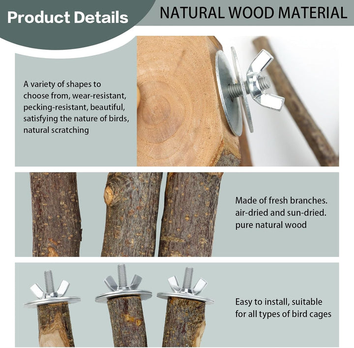 Natural Wood Bird Perches for Cage, Parrot Perch Stand & Platform, Bird Cage Accessories for Parakeets, Cockatiels, Conures, Lovebirds (Brown, Core Perch & Platform - 8PCS)