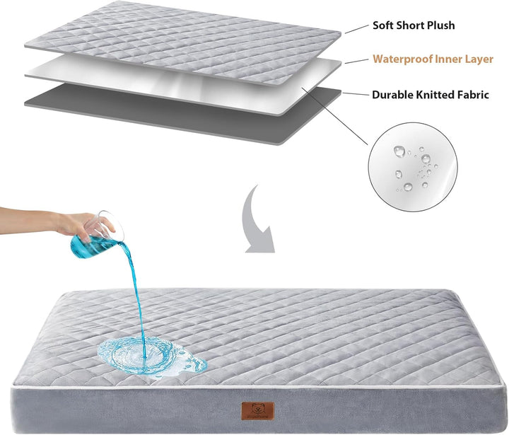 Orthopedic Waterproof Extra Large Dogs Bed with Removable Washable Cover, Multi-Needle Quilting XL Crate Bed for Large Sized Dog, Light Grey