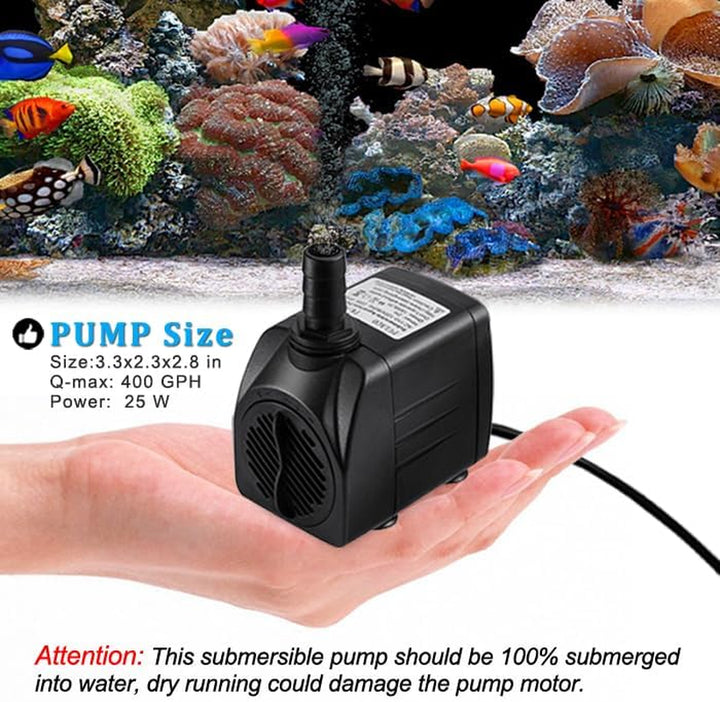 400GPH Submersible Pump with 5 Ft Tubing, (1500L/H 25W) Durable Fountain Water Pump for Pond Fountain, Aquariums Fish Tank, Statuary, Hydroponics