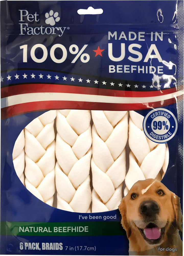 100% Made in USA Beefhide 7" Braided Sticks Dog Chew Treats - Peanut Butter Flavor, 6 Count/1 Pack