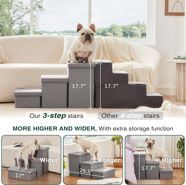Dog Stairs for High Bed 18"H,Foldable Pet Stairs for Small Medium or Large Dogs Puppy with Storage for Bed or Couch, Cat Dog Steps Ramp with Zip up to 200 Lbs(Solid Grey,3 Steps No Condo)