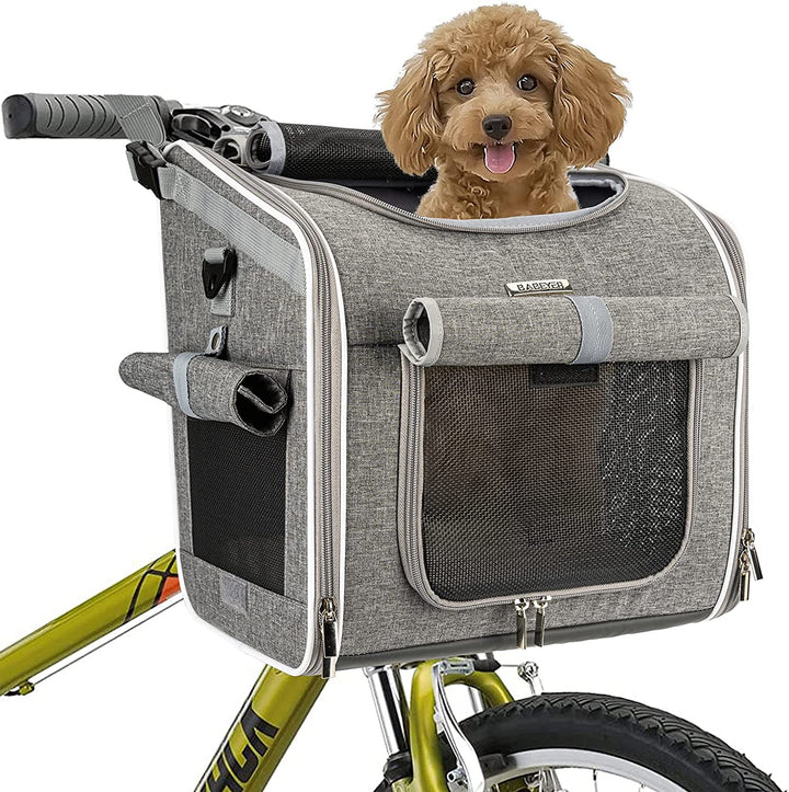 Dog Bike Basket, Expandable Soft-Sided Pet Carrier Backpack with 4 Open Doors, 4 Mesh Windows for Small Dog Cat Puppies-Grey