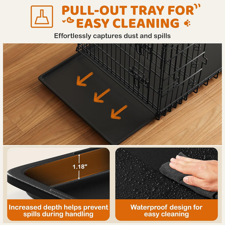 42 Inch Double Door Dog Crate W/Divider for Puppy to Adult XL Collapsible Metal Crate with Removable Tray Wire Dog Kennel for Large Dogs Portable Travel Cage, Black