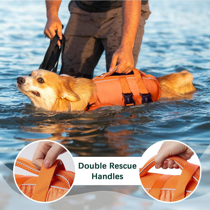 Dog Life Jacket High Flotation, Reflective Dogs Life Vest for Swimming Boating, Adjustable Small Medium Large Dog Lifejacket, Lightweight Dogs Life Preserver Rescue Handle Spring Summer Pool