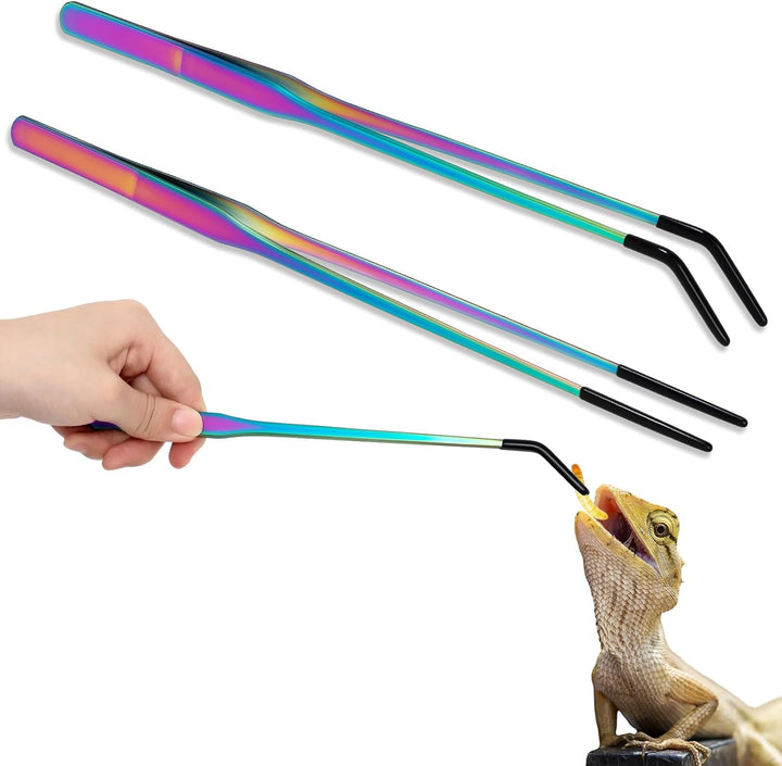 2 Pcs Extra Long Stainless Steel Reptile Feeding Tongs with Rubber Tip Bearded Dragon Aquarium Straight and Curved Long Tweezer Terrarium Feeder Tool for Tank(Silver, 10 Inch, 10.5 Inch)