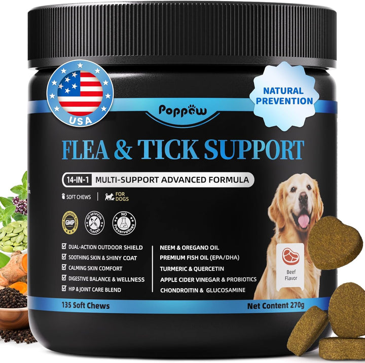 Dog Flea and Tick Support Chewable, Natural Dog Flea Comfort Supplement, Oral Chews with Neem, Oregano Oil, Pumpkin Seed Oil & Brewer'S Yeast – 135 Soft Chews, Beef Flavor – for All Breeds & Sizes