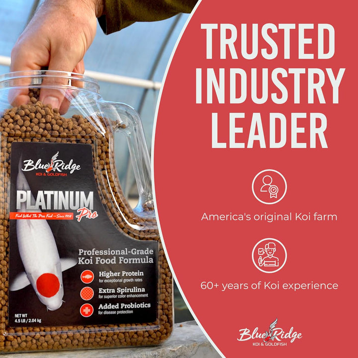 Blue Ridge Koi Fish Food 4.5Lb - Koi Food 3/16” Platinum Pro Formula Goldfish Food, Premium Fish Food for Ponds, Ponds Fish Food, Floating Pond Pellet