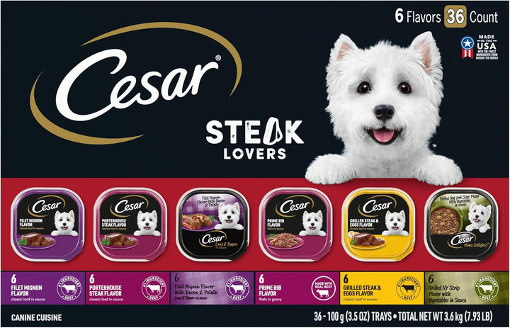 Wet Dog Food Steak Lovers Variety Pack with Real Meat, 3.5 Oz. Trays (36 Count, Pack of 1)
