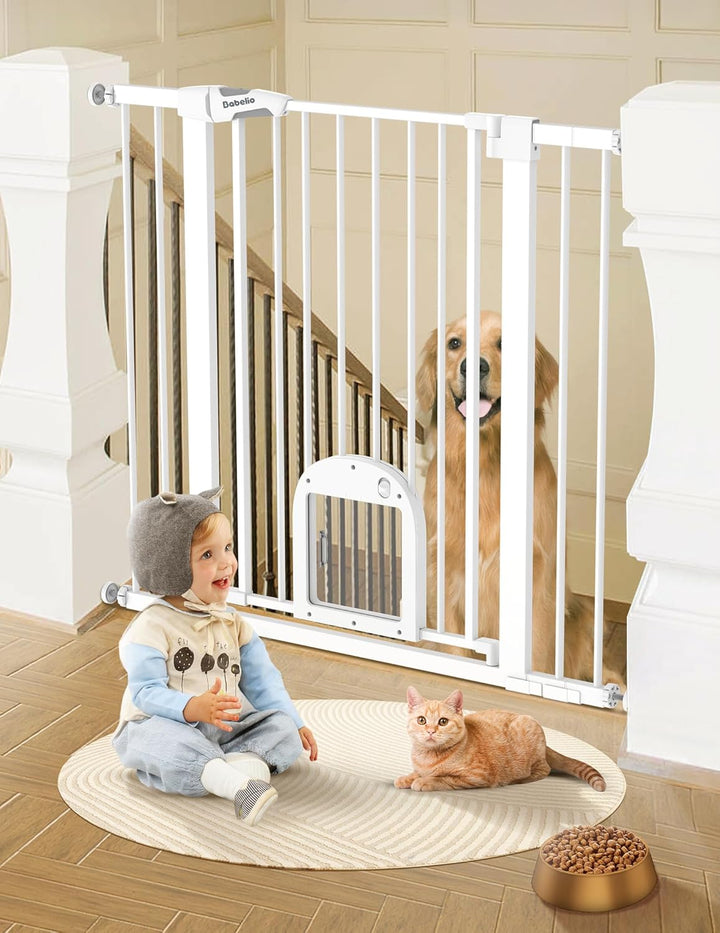 Baby Gate with Adjustable Cat Door,29-43" Auto Close Durable Pet Door for Stairs,Doorways and House,Pressure Mounted,Easy Install,Effortless Walk Thru,White