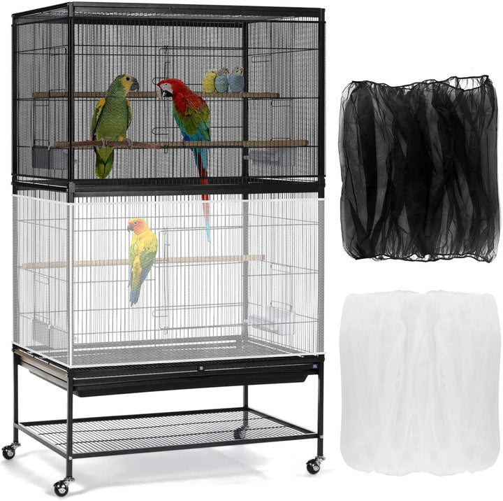 Bird Cage Seed Catcher, Universal Birdcage Net Nylon Adjustable Elastic Band Stretchy Skirts Mesh Cover for Parrot Cage Seed Guard (Not Include Birdcage)- White