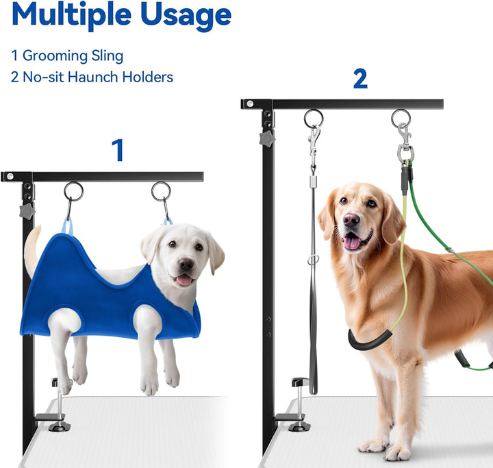 Adjustable Foldable Dog Grooming Arm with Heavy-Duty Clamp: 26" to 40" Height, Includes Safety Hammock & No-Sit Holders – Perfect Grooming Restraint for Small & Medium Dogs at Home or Salons