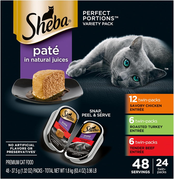 Perfect Portions Wet Cat Food Pate with Sustainable Salmon, Signature Seafood Entree, and Tender Whitefish and Tuna Entree Variety Pack, 2.6 Oz. Twin Pack Trays (24 Count, 48 Servings)