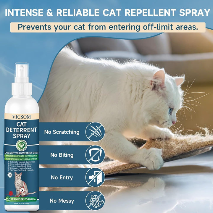 Cat Deterrent Spray, Natural Cat Repellent Spray, Cat Scratch Deterrent for Furniture, Sofas, Rugs, Curtains, Plants, Indoor & Outdoor Keep Cats Kittens Away, No Alcohol & Trace 6.76 FL Oz