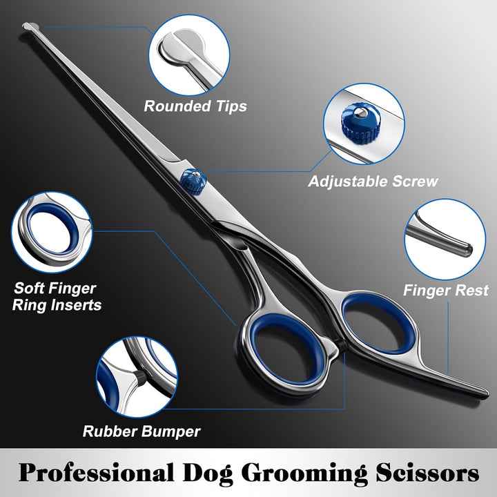 Professional 4 in 1 Dog & Cat Grooming Scissors Kit with Safety round Tips,Sharp & Durable,Dog Shears for Grooming - Includes Straight, Curved, Thinning Scissors and Comb - Premium Pet Supplies