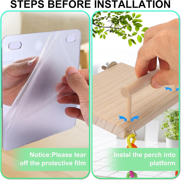 bird Perch Platform Bird Toys with Bird Mirror Climbing Ladder Swing, Parakeet Cage Accessories - for Cockatiels, Lovebirds, Budgies,Pacific Parrotlets,Finch,Canaries - Wooden Play Gym