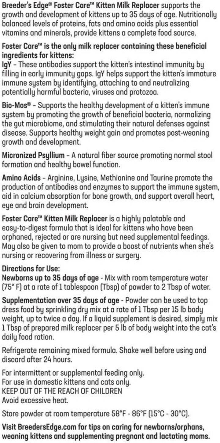 Breeder'S Edge Foster Care Feline - Powdered Milk Replacer - for Kittens & Cats - 4.5 LB