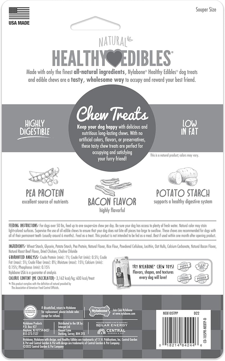 Healthy Edibles Natural Dog Chews Long Lasting Bacon Flavor Treats for Dogs, X-Large/Souper (2 Count)