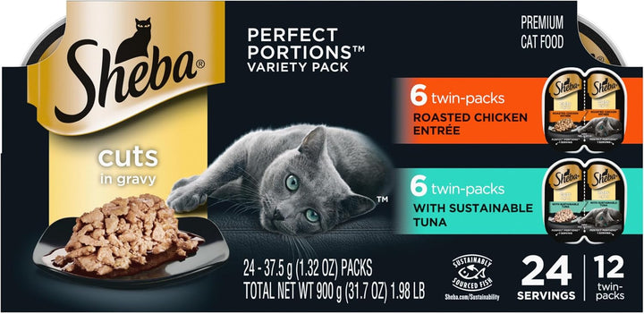 Perfect Portions Wet Cat Food Cuts in Gravy Variety Pack, Roasted Chicken Entree, with Sustainable Salmon, and Tender Turkey Entree, 2.6 Oz. Twin-Pack Trays (24 Count, 48 Servings)