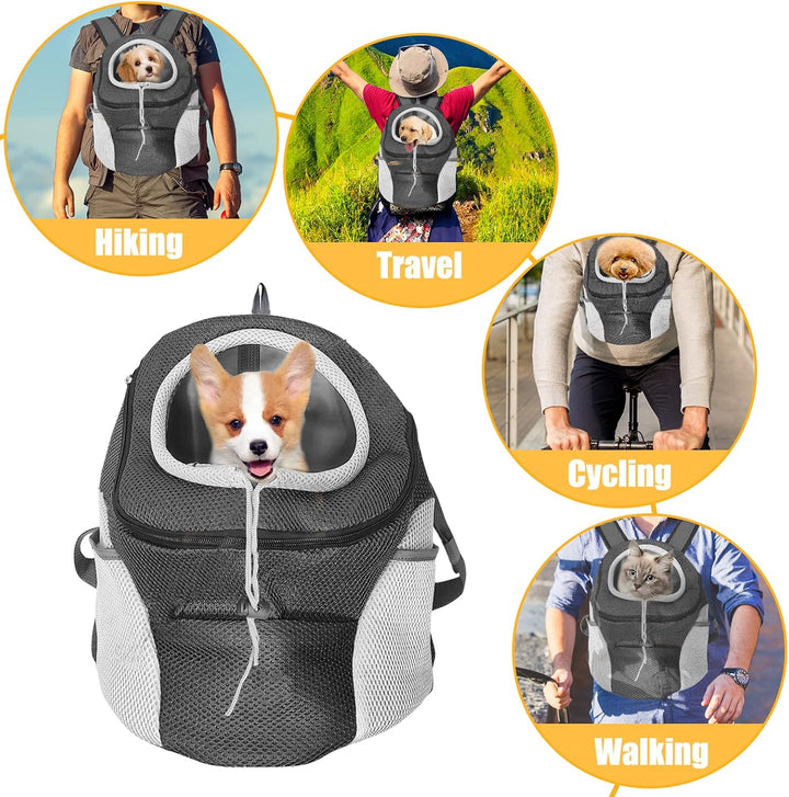 Dog Carrier Backpack, Comfortable Doggy Front Backpack Pet Puppy Carrier Travel Pack with Breathable Head Out Design and Padded Shoulder for Walking Biking Hiking Camping