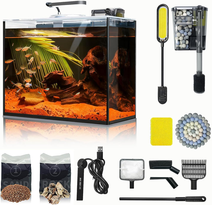 5 Gallon Small Aquarium Set Glass Fish Tank 6 Gallon, Starter Kit with Heater Self Cleaning System Filter Bright Light Rocks Gravel Cleaning Tool, Leak-Proof Clear Rimless Betta Plants