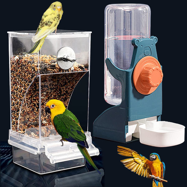 No Mess Bird Feeder Water Dispenser Set, Automatic Parrot Feeder Cage Accessories, Clear Parakeet Seed Container Food Drinker for Cage, Cockatiel Finch Lovebirds Budgies Canary (Blue)