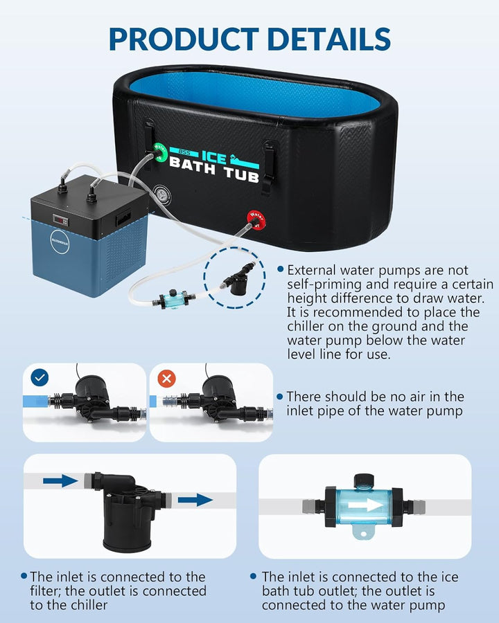 Ice Bath Accessories Kit, Cold Plunge Kit with 317GPH External Pump, Filter, 1/2” to 0.71" Connector, Hose, Compatible 500L 300L Aquarium Chiller & Inflatable Cold Plunge Tub