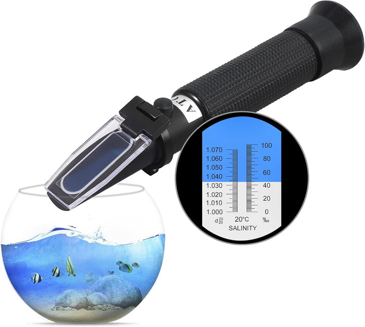 Salinity Refractometer Saltwater Aquarium for Seawater, Pool, Tank, Marine, Fishkeeping, 0-100PPT & 1.000-1.070 Salinity Tester with ATC Function Salinity Hydrometer Kit