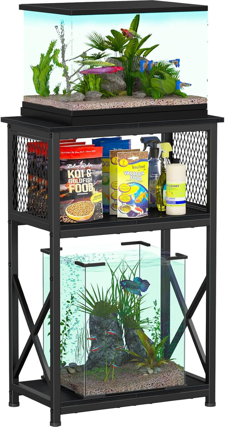 10 Gallon Aquarium Stand with Storage, 3 Tier Heavy Metal Fish Tank Stand Shelf 20.47" X 11.42" X 30.91", Rustic Brown