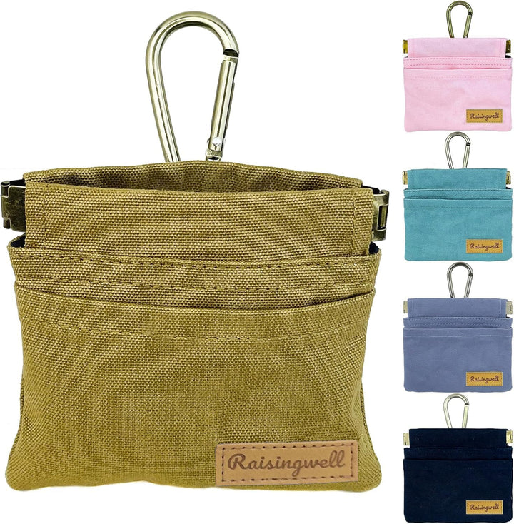 Dog Treat Pouch, Green Pocket Sized Pet Training Pouch, Cotton Fabric, Hand Free Dog Walking Bag with Carabiner, Self-Closing Pet Feed Snack Reward, for Puppy Travel or Outdoor Use